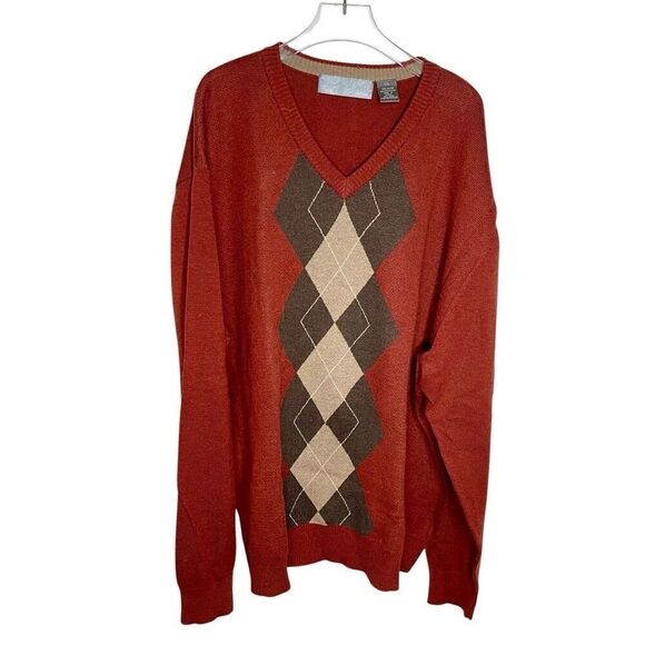 Oscar De La Renta Sweater Mens XXL Burnt Red VNeck Long Sleeve Argyle Pattern - Picture 1 of 6